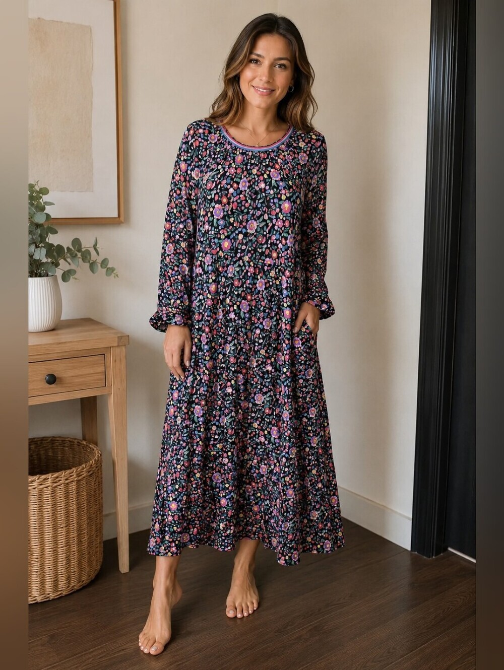 NEW Boden Black Floral Cotton  Maxi Dress Womens 12 P